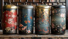 a group of metal containers with flowers on them