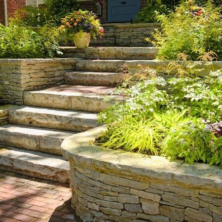 a stone steps with plants in the front
