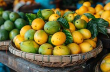 a basket of fruit with green and yellow fruits