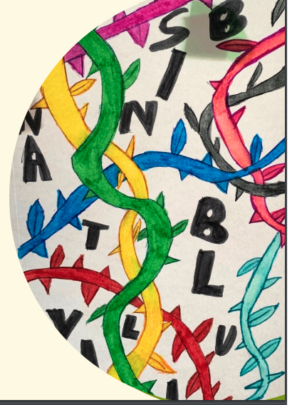 a drawing of colorful vines and letters