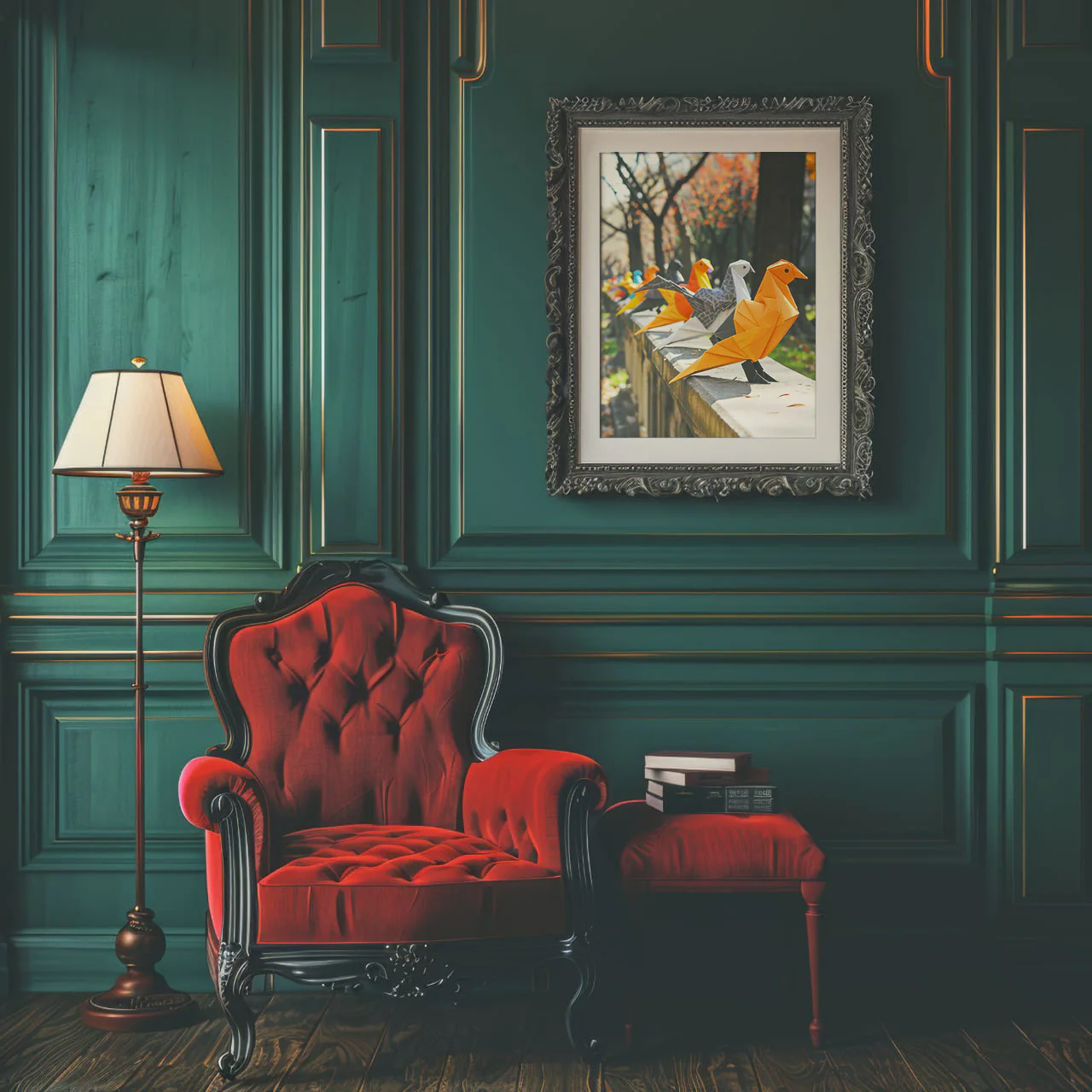 a red chair and a lamp in a room