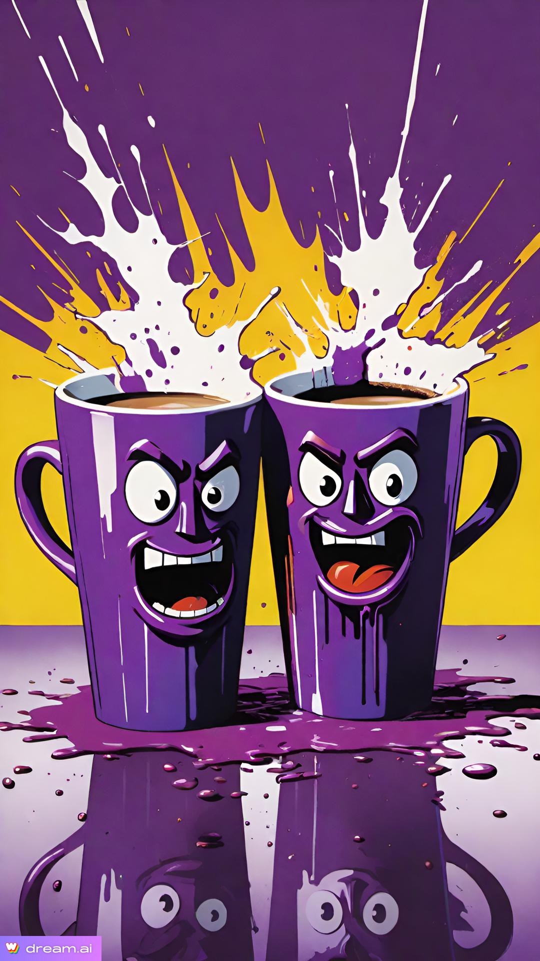 a purple mugs with faces and splashing out of them