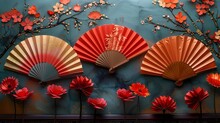 a group of paper fans and flowers