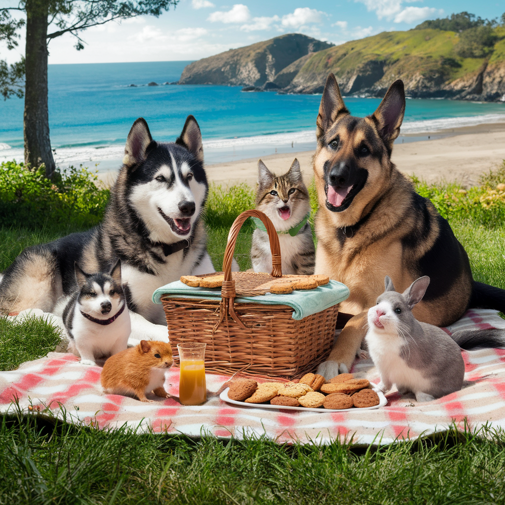 a group of animals on a blanket with a picnic basket