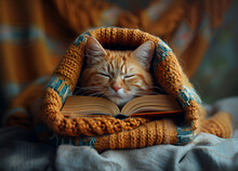 a cat lying on a blanket with a book