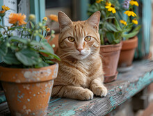 a cat sitting on a bench next to potted plants