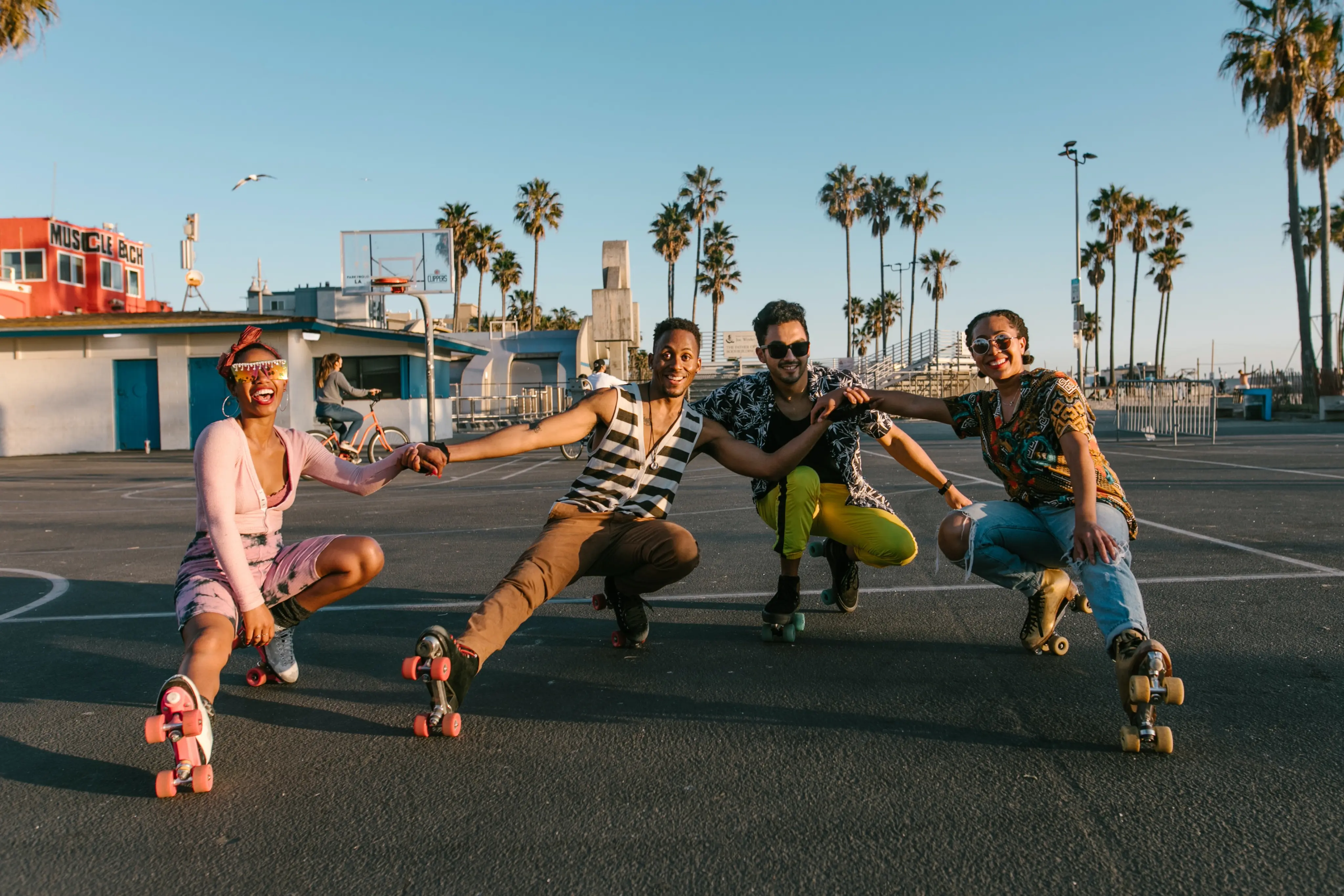 a group of people on roller skates