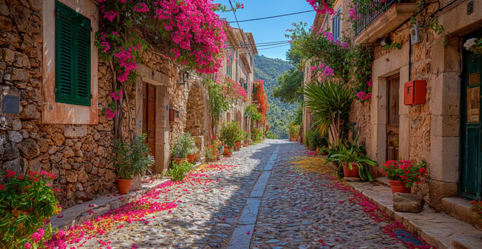 a stone street with flowers on it