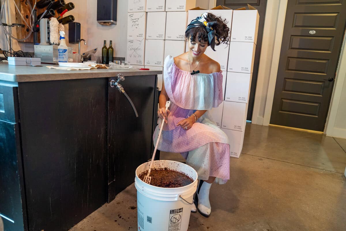 a woman in a dress with a bucket of dirt