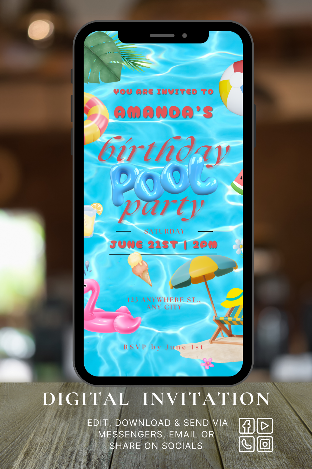 a cell phone with a pool party invitation