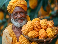 a man holding a basket of pineapples