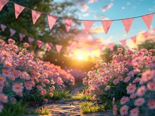 a path with pink flowers and flags