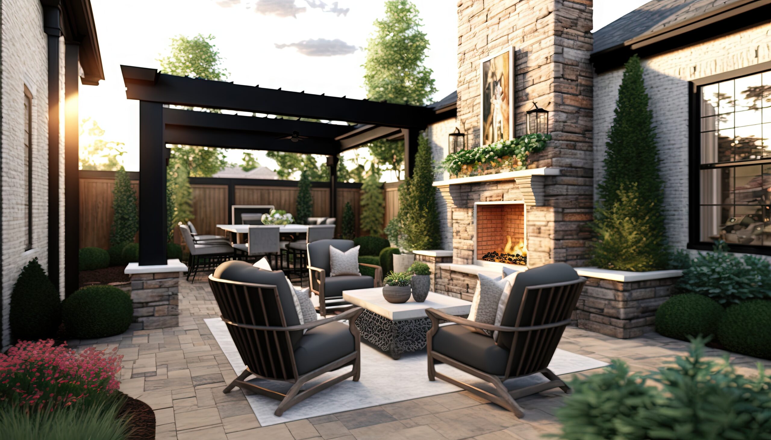 a patio with chairs and a fireplace
