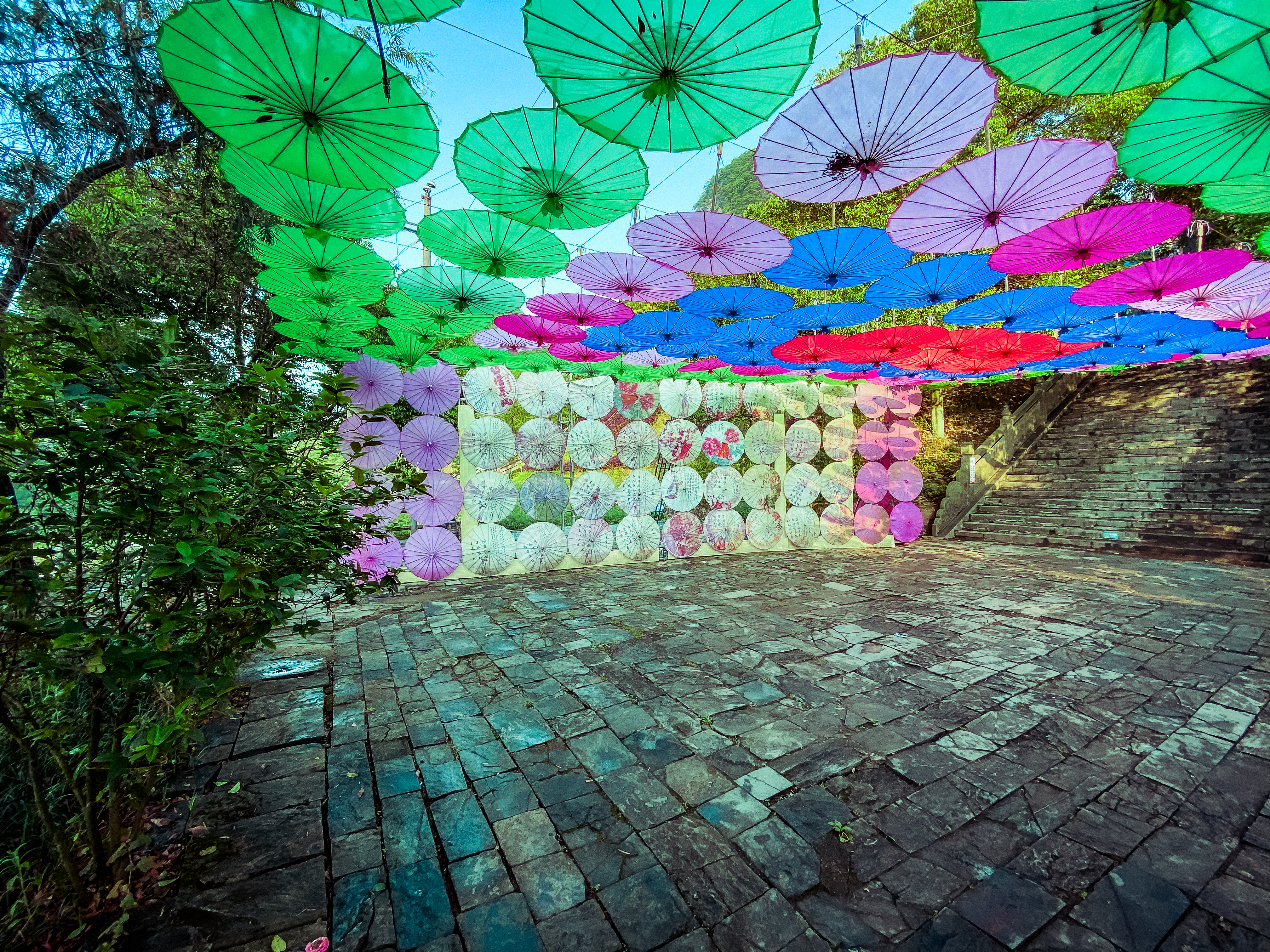 a colorful umbrellas from a wall