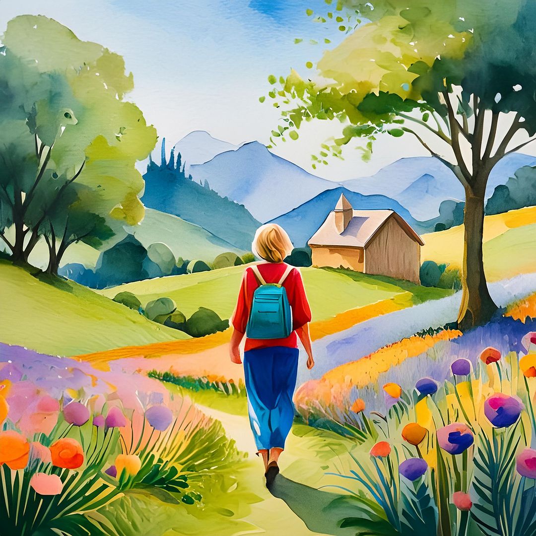 a woman walking on a path in a field of flowers