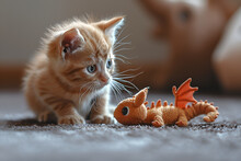 a kitten looking at a toy