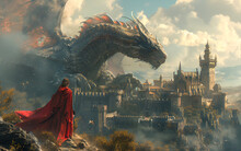 a man in a red cape standing in front of a dragon