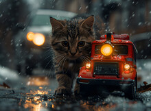 a cat walking next to a toy fire truck