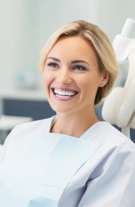 a woman smiling in a dental chair