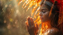 a woman with orange hair and headband praying