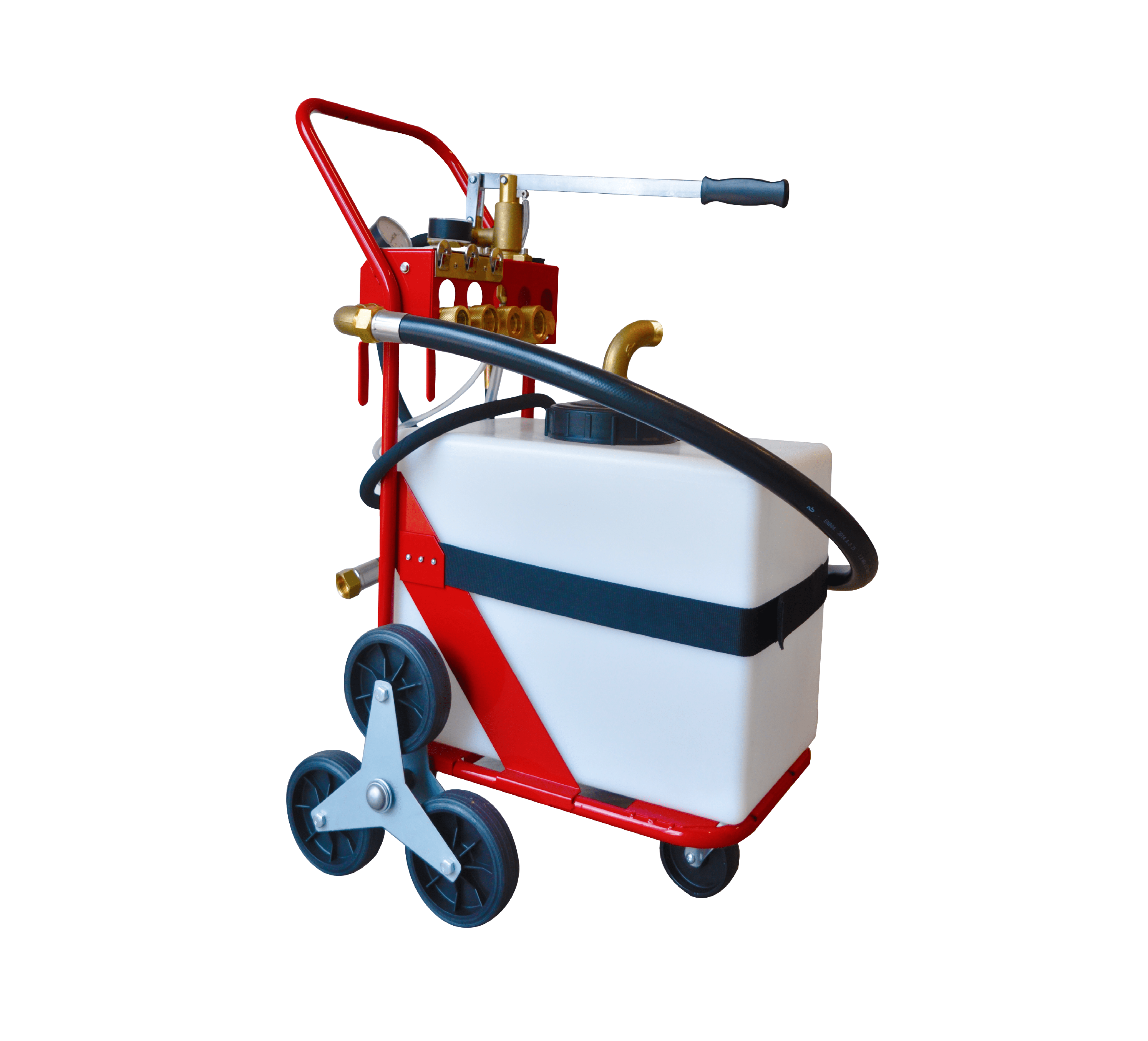 a white and red cart with black hoses