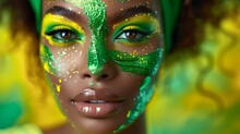 a woman with green and yellow paint on her face