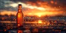 a bottle of beer in front of a sunset