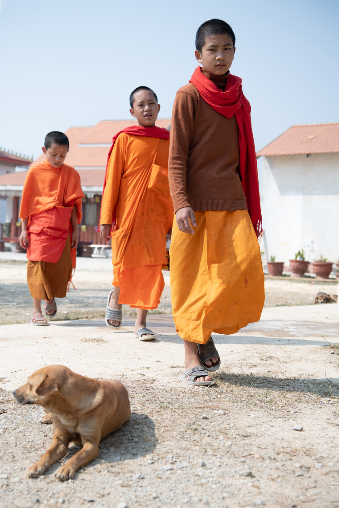 a group of people walking in orange robes