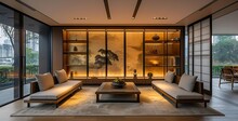 a room with a glass wall and a couch