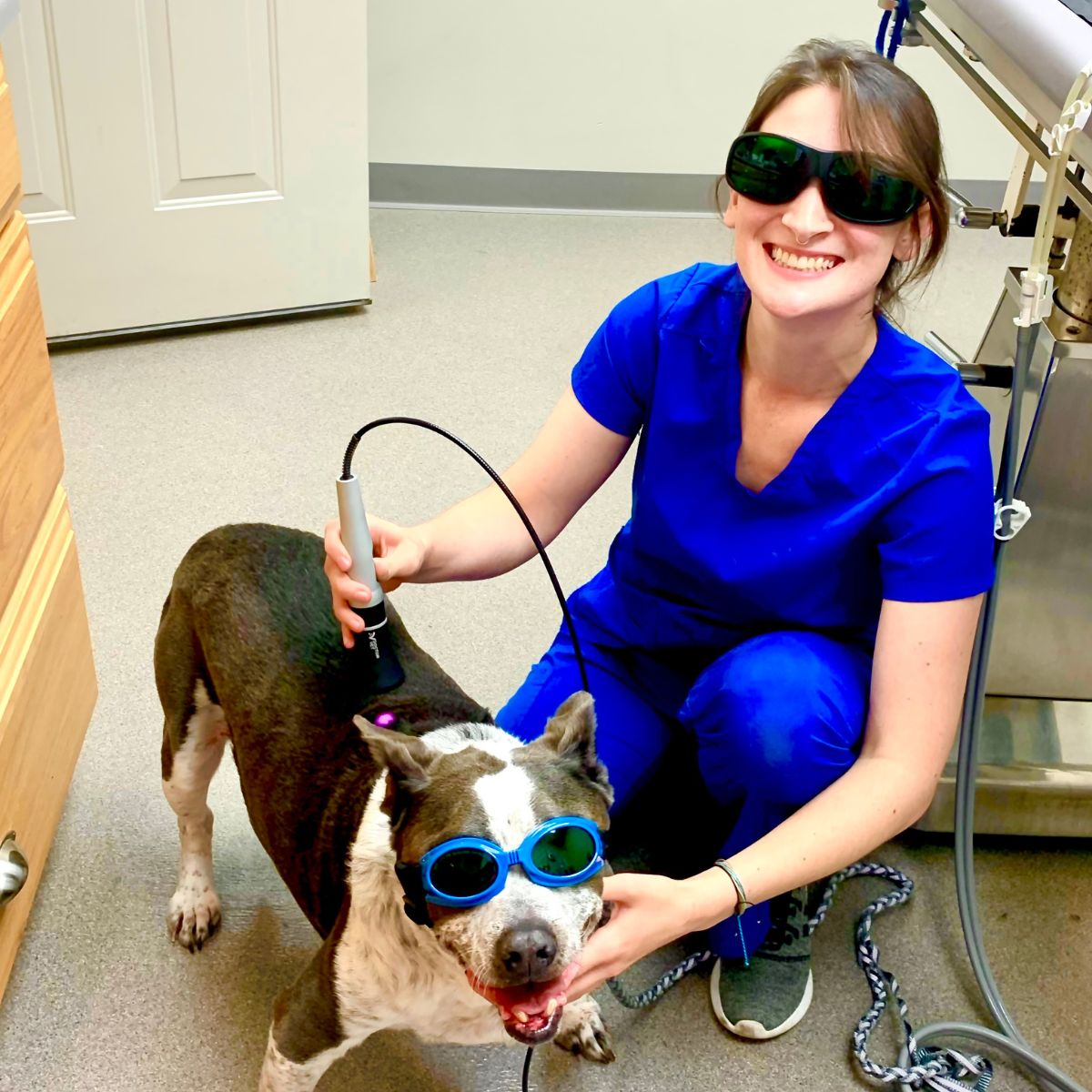 a woman wearing blue scrubs and goggles holding a dog