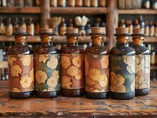 a row of glass bottles with corks