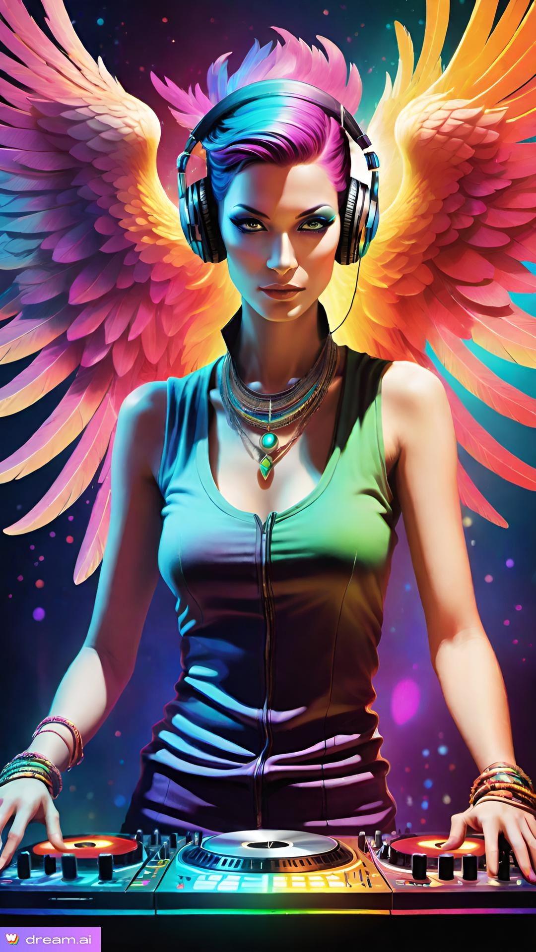 a woman wearing headphones and a colorful wings