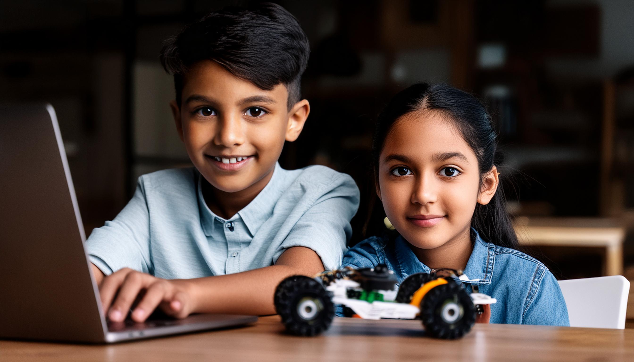 a boy and girl sitting at a table with a laptop and a toy car