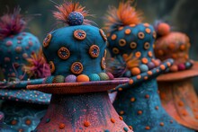 a group of hats with colorful decorations