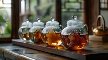 a row of glass jars with liquid