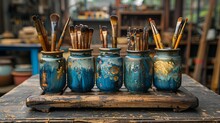 a group of paint brushes in jars