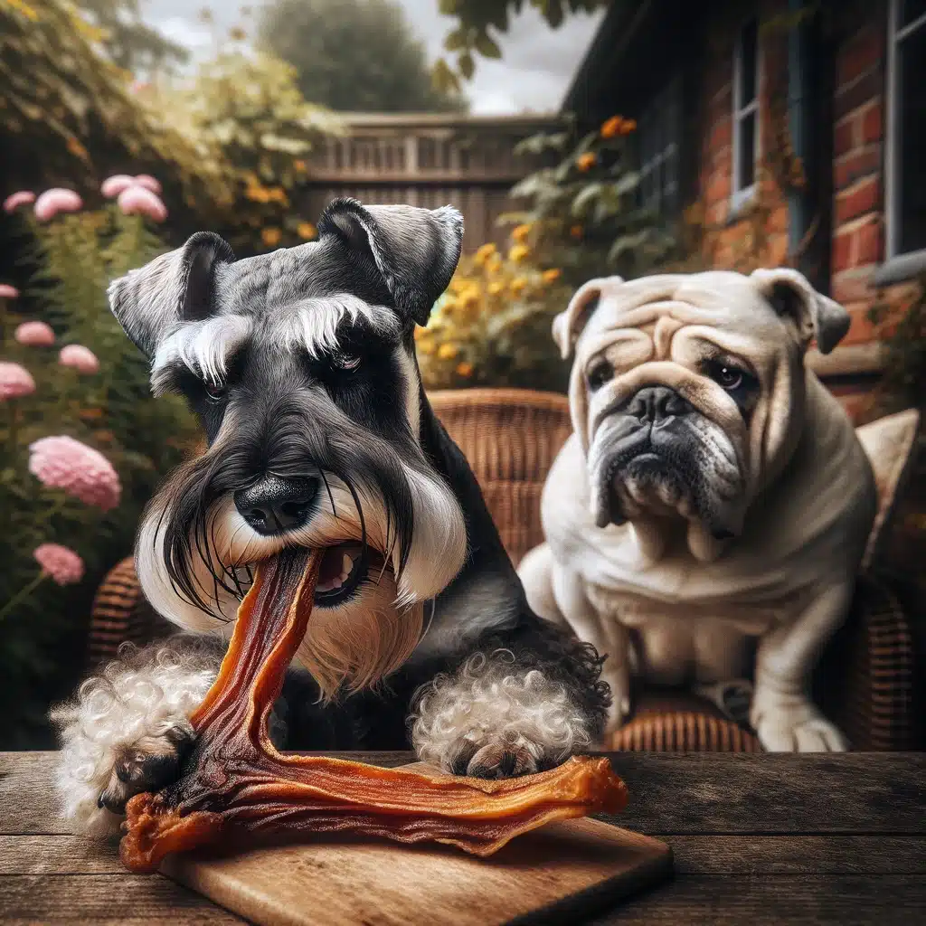 two dogs sitting on a chair eating a bone