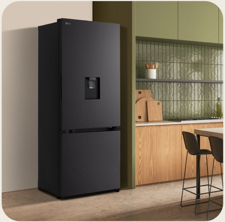 a black refrigerator in a kitchen