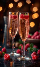 two glasses of champagne with raspberries