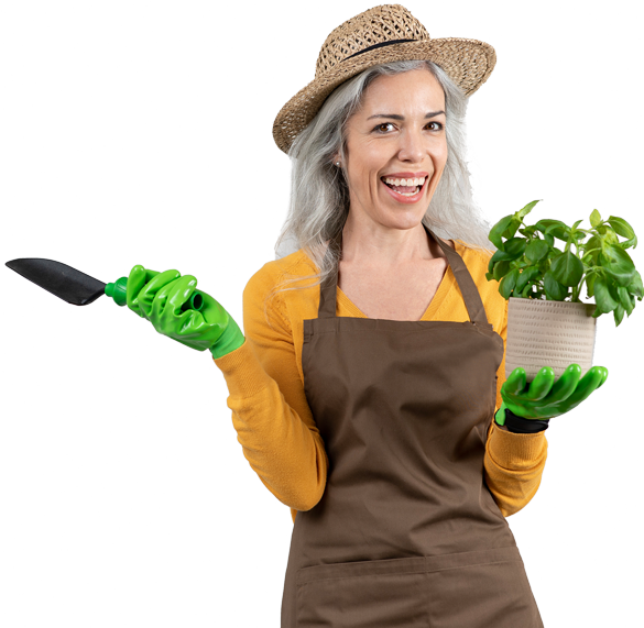a woman holding a potted plant and a knife