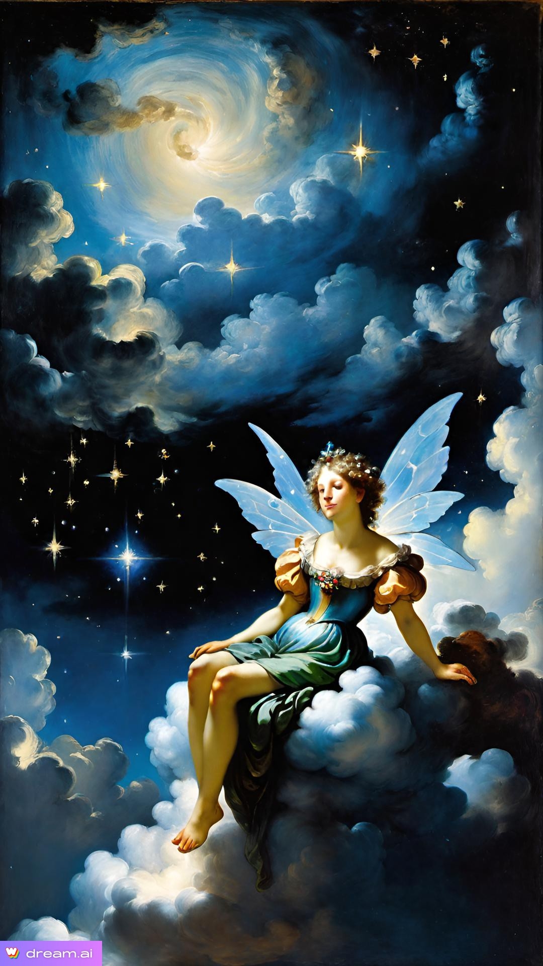 a painting of a woman sitting on a cloud with stars and a moon
