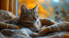 a cat lying in a blanket