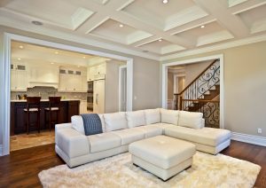 a living room with a white couch and a rug