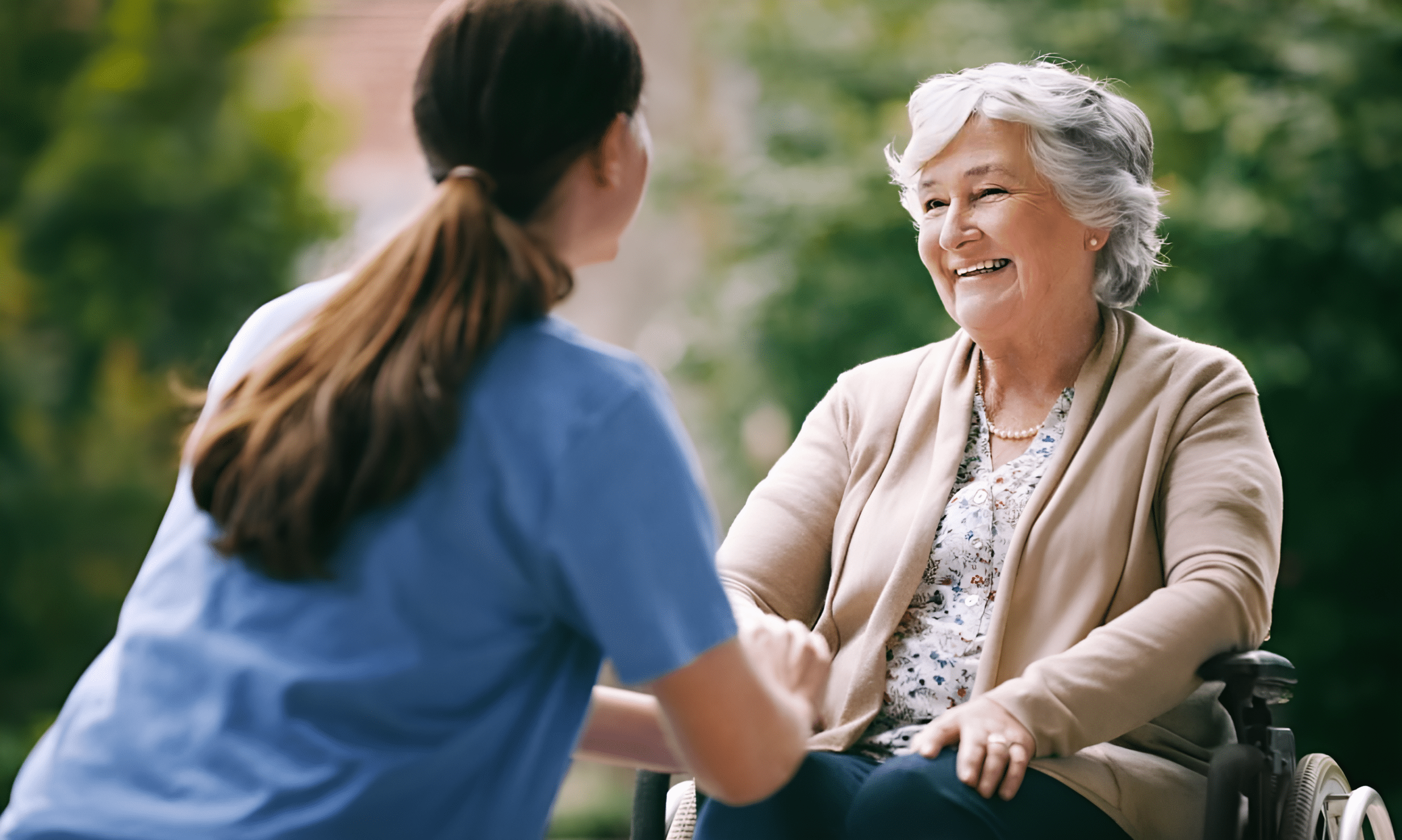 a woman smiling and holding hands