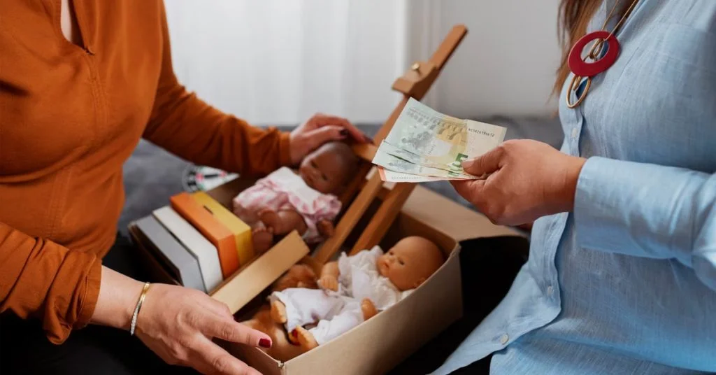 a person holding a box full of toys and money