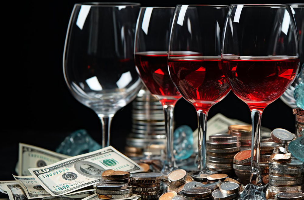 a group of wine glasses and money