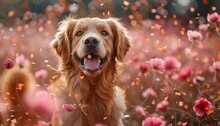 a dog in a field of flowers