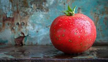 a red fruit with green leaves