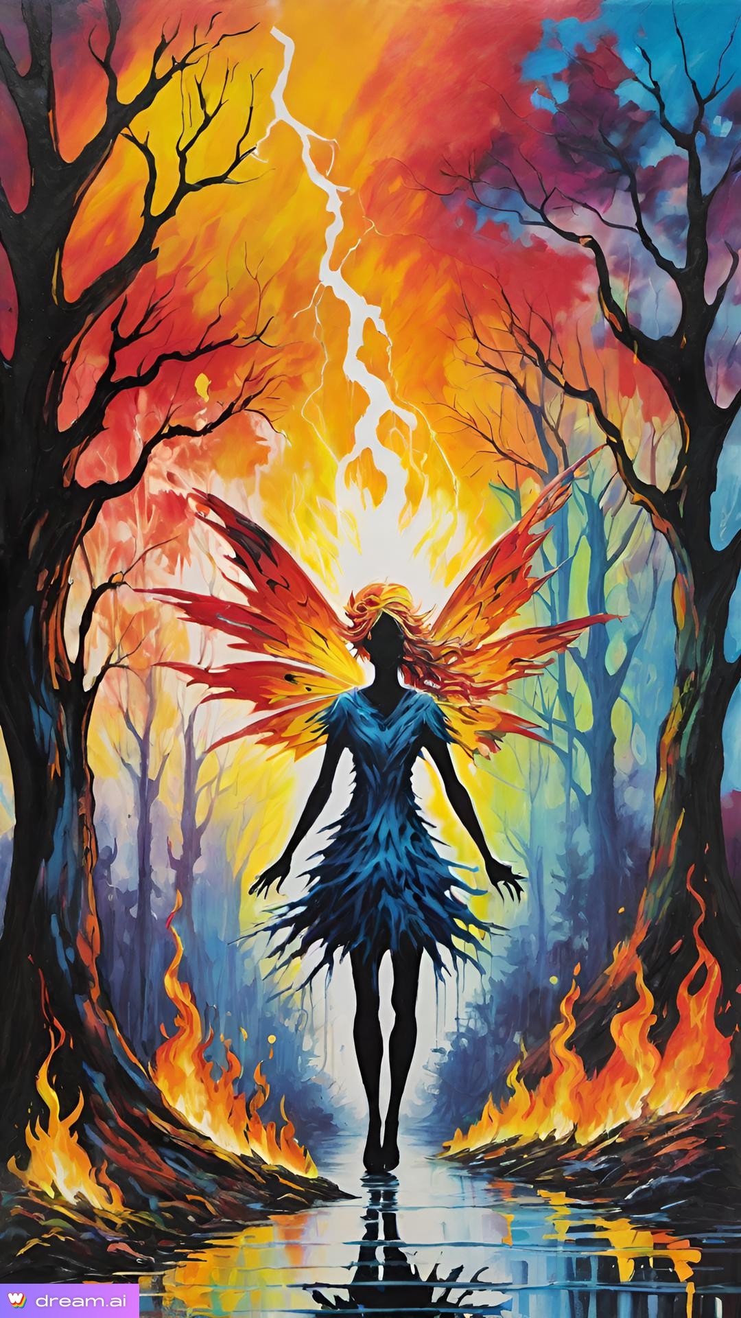 a painting of a woman with wings and a fire in the background