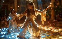 a group of women dancing in a room with light rays